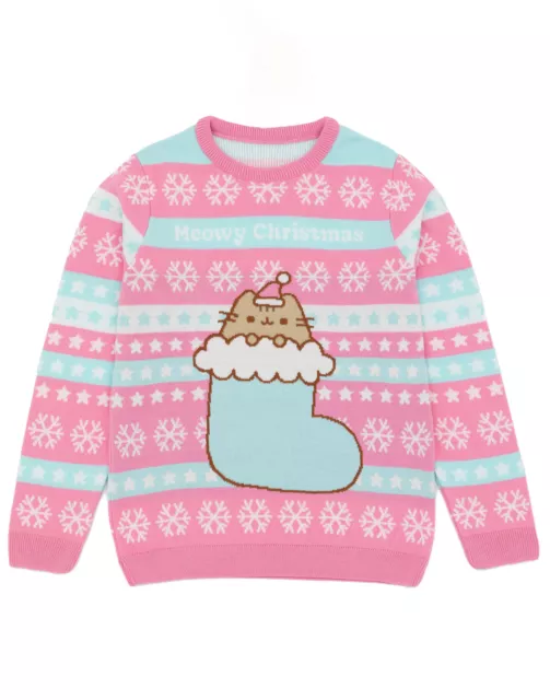 Pusheen Girls Christmas Jumper | Green Graphic Xmas Cat Knitted Sweater