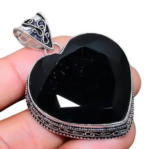 Black Onyx  Gemstone Handmade 925 Sterling Silver Jewelry Heart Cut Pendant