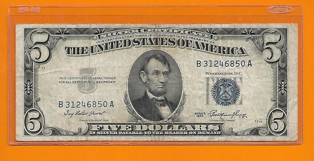 1953  Five Dollar Silver Certificate  Blue Seal Note  --