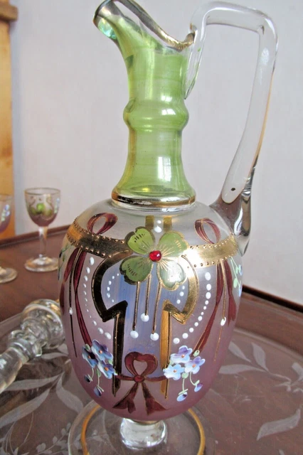 SERVICE à LIQUEUR CARAFE  CRISTAL EMAILLE et OR 4 VERRES - PLATEAU CRISTAL GRAVE