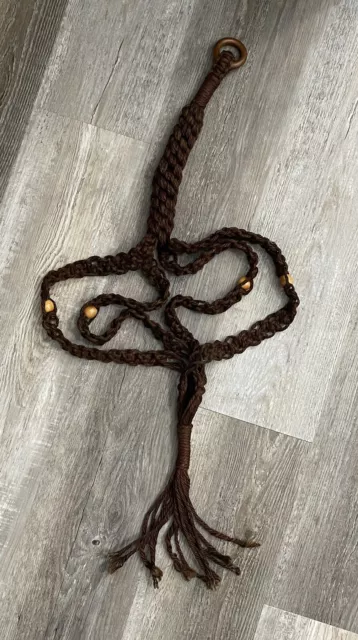 Vtg 70's Wood Bead Macrame 4’ Jute Pot Plant Hanger Orange Brown classic unique