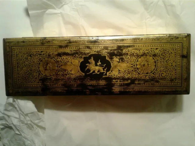 RARE Antique 19th black and gold lacqueware prayer box burma burmese