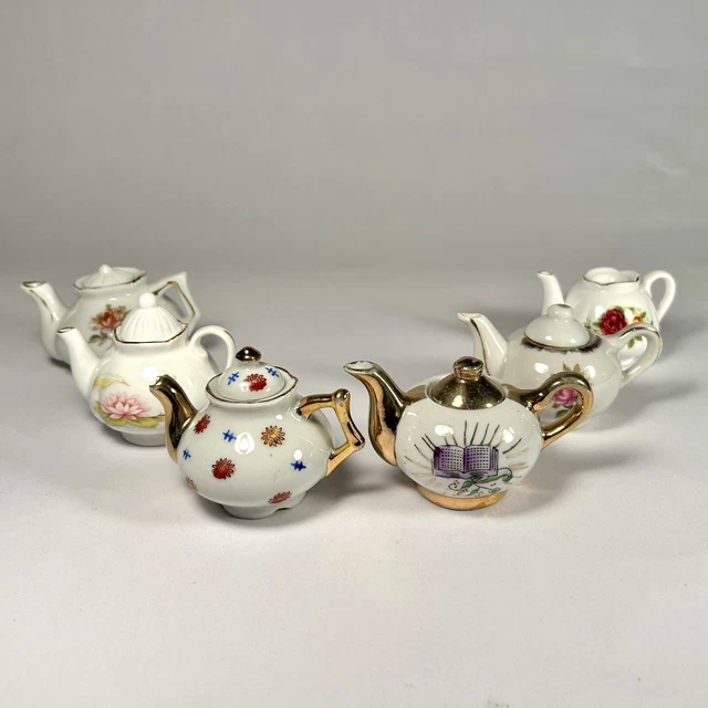 Vintage Lot 6 Mini Teapots, 1 Occupied Japan, Painted Floral Gold Porcelain READ Vintage Lot 6 Mini Teapots, 1 Occupied Japan, Painted Floral Gold Porcelain READ