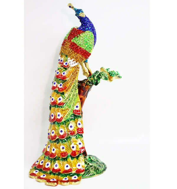 Bejeweled Enameled Trinket Box/Figurine With Rhinestones-9.5"Giant Peacock