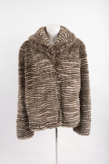 Coop Barneys New York Womens Faux Fur Zebra Coat Jacket L Large Brown Tan