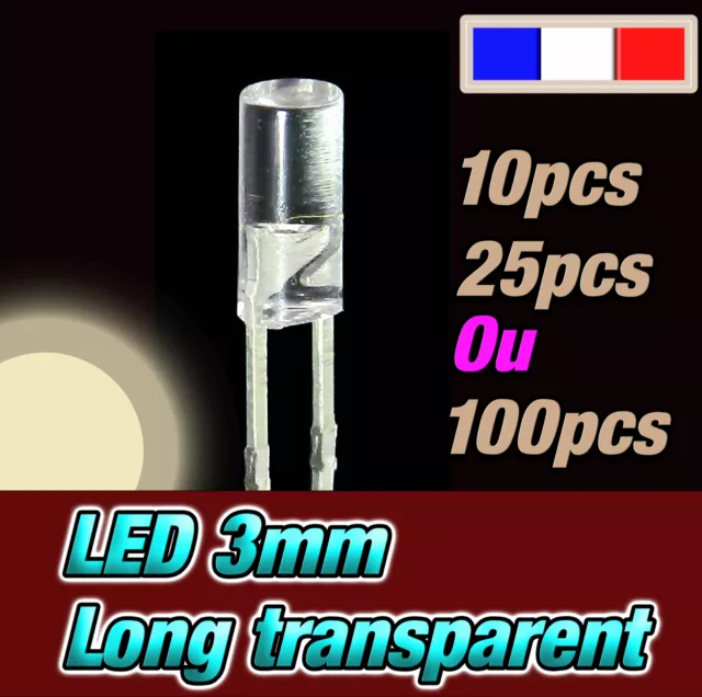 215BC# LED 3mm cylindrique long blanc  chaud dispo 10, 25 ou 100pcs