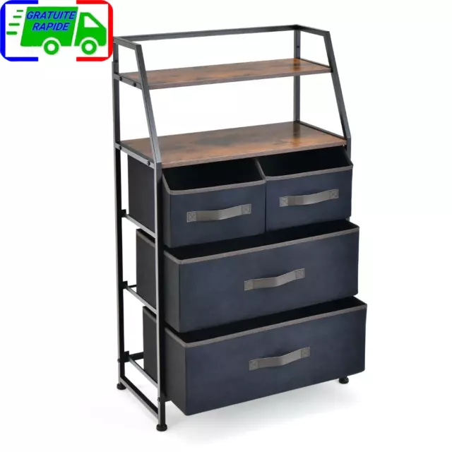 Commode Chambre 4 Tiroirs en Tissu, Meuble de Rangement Industriel avec 2 Étagèr