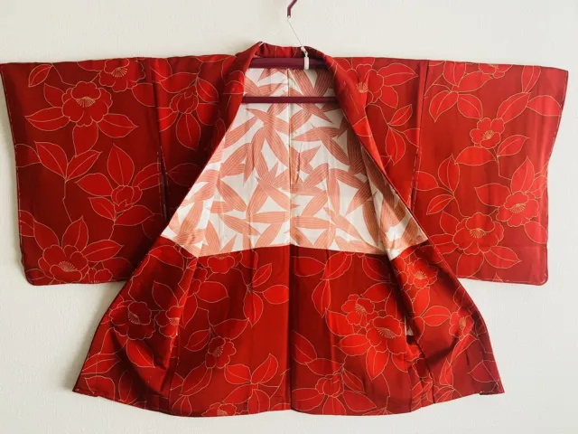 Vintage Kimono Haori Jacket Japanese Silk - Deep red / camellia - Goun