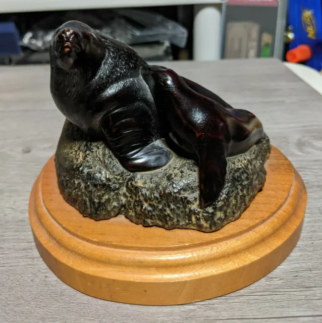 Vintage BOMA Canada Mother & Baby Sea Lion Figurine Animal Statue w/Wood Base