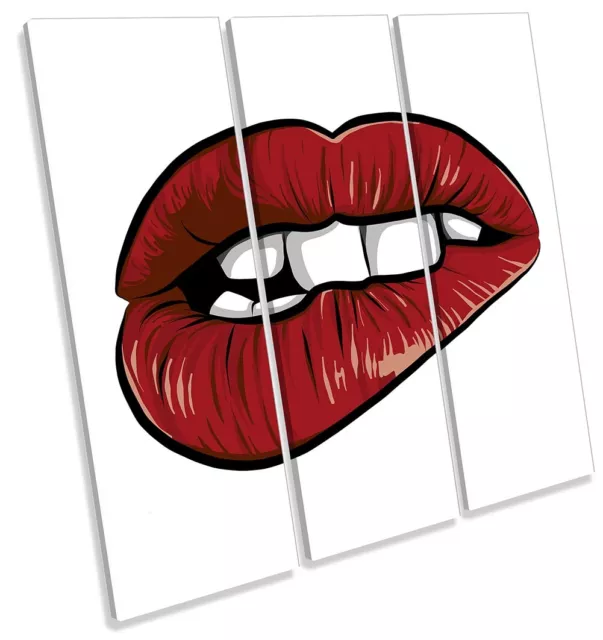 Sexy Lips Bite Fashion Print TREBLE CANVAS WALL ART Square Picture Red