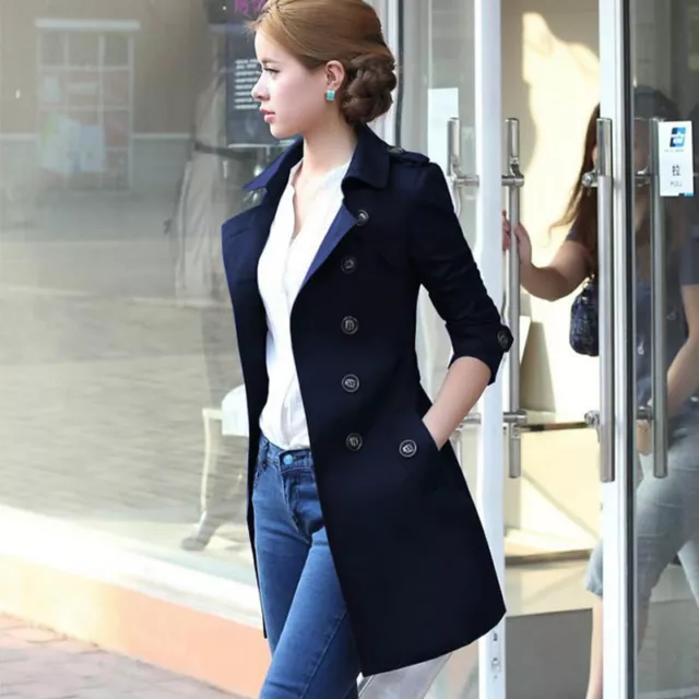 Womens Lapel Double-breasted Slim Fit Long Trench Coats Jackets Overcoat Outwear