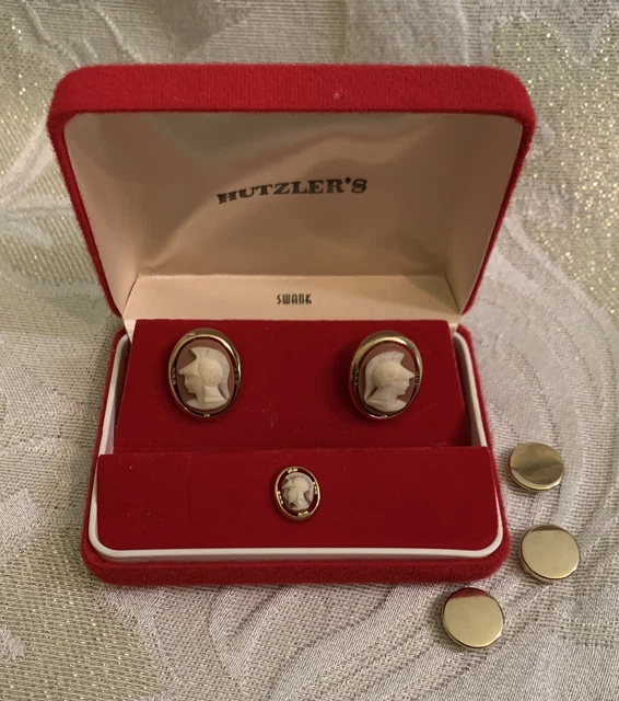 Vintage, Estate, Roman Soldier, Cameo Swank Cufflink, Tie Pin & Button-cover Set