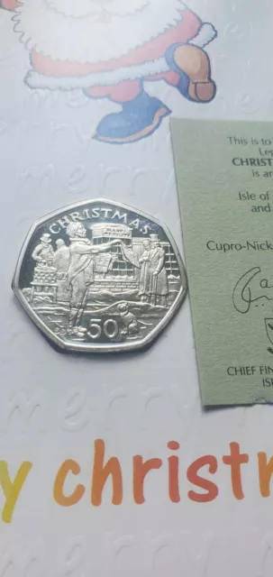 1992 Isle of Man 50p Pence Christmas Coin UNC NEWSPAPER SELLER