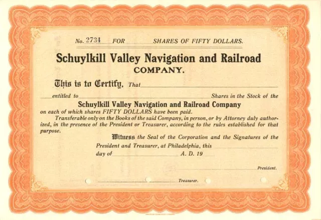 Schuylkill Valley Navigation and Railroad Co. - Unissued Stock Certificate - Rai