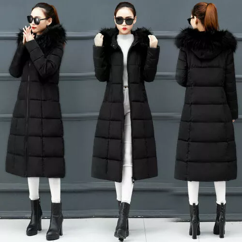 Women Winter Warm Jacket Ladies Hooded Fur Collar Parka Quilted Long Puffer Coat