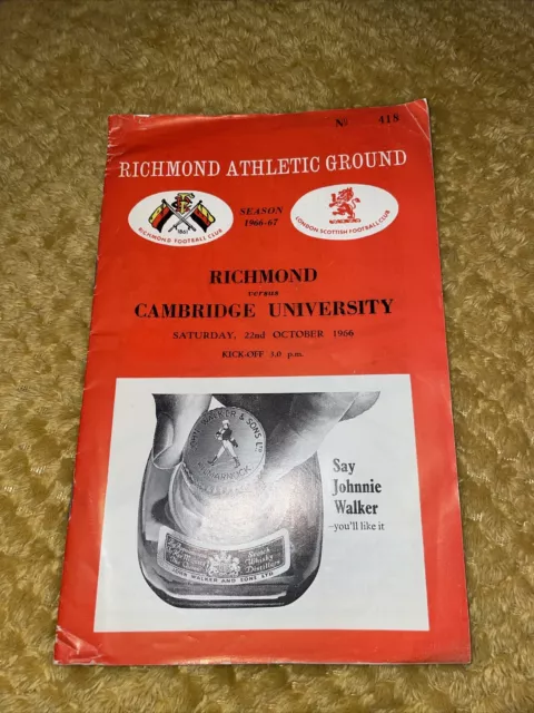 1966 Richmond V Cambridge University Uni Club Varsity Friendly Rugby Programme