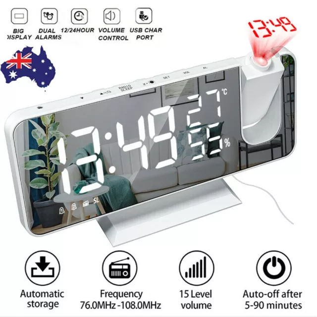 LED Digital Projection Alarm Dual Clock FM Radio Snooze Dimmer Ceiling Projector