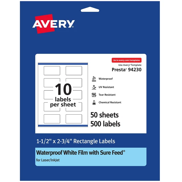 Avery Waterproof Rectangle Labels with Sure Feed, Print to the Edge, 1.5" x 2...