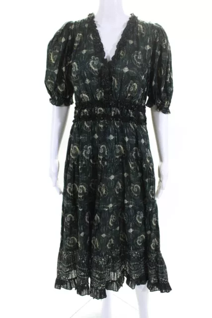 Ulla Johnson Womens Short Sleeve V Neck Floral Midi Dress Green Cotton Size 10