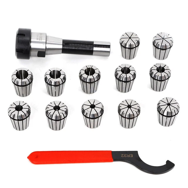 R8 Shank ER32 Spring Collet Chuck w/ 12Pcs Collets Set 3/32"-3/4" & 1 PC Wrench