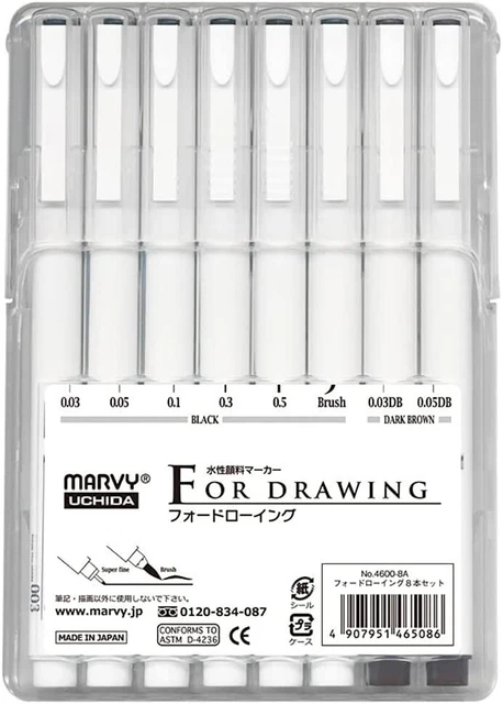 Marvy for Drowing Pen Set of 8 Black/Dark Brown Anime Comic Manga from Japan