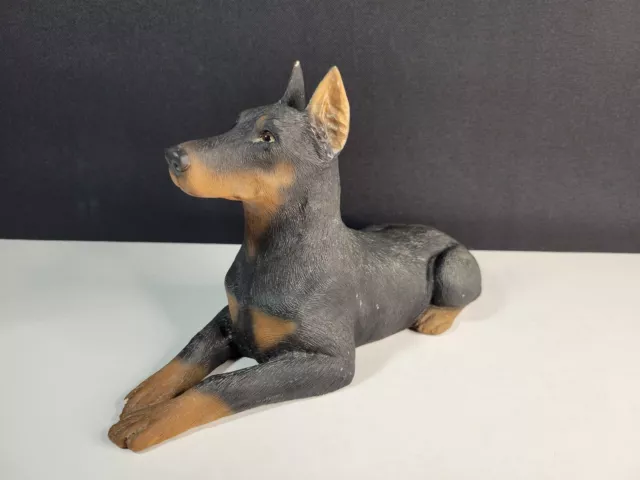 Rare Vtg 1985 Sandicast Doberman Pincher Signed Sandra Brue Statue w/Bed Blk VGC