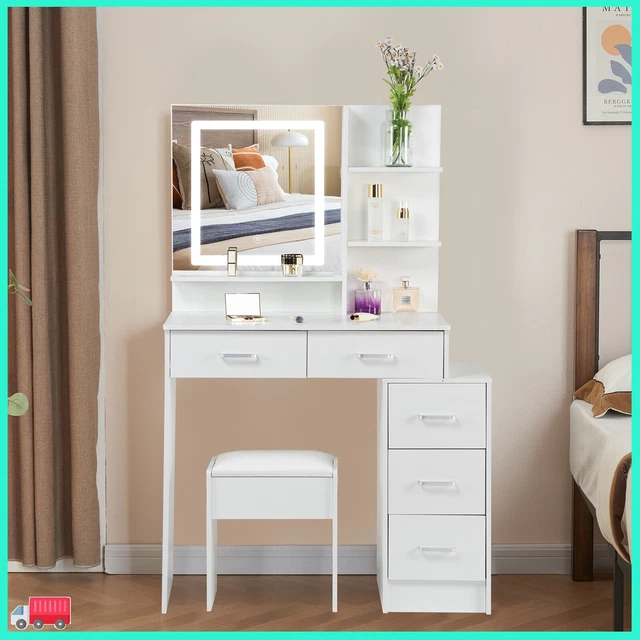 Großer Schminktisch Mit LED Beleuchtung & Steckdosen - Weiß Mit 3 Schubladen & 2 Schränken