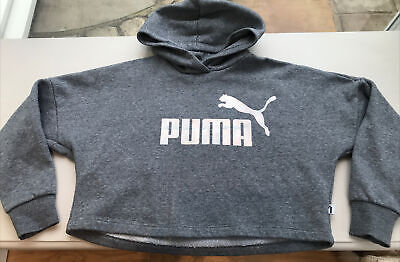 Girls Puma Dark Grey Boxy Crop Hoodie 9-10y Silver Logo Warm Fleece 100% Cotton