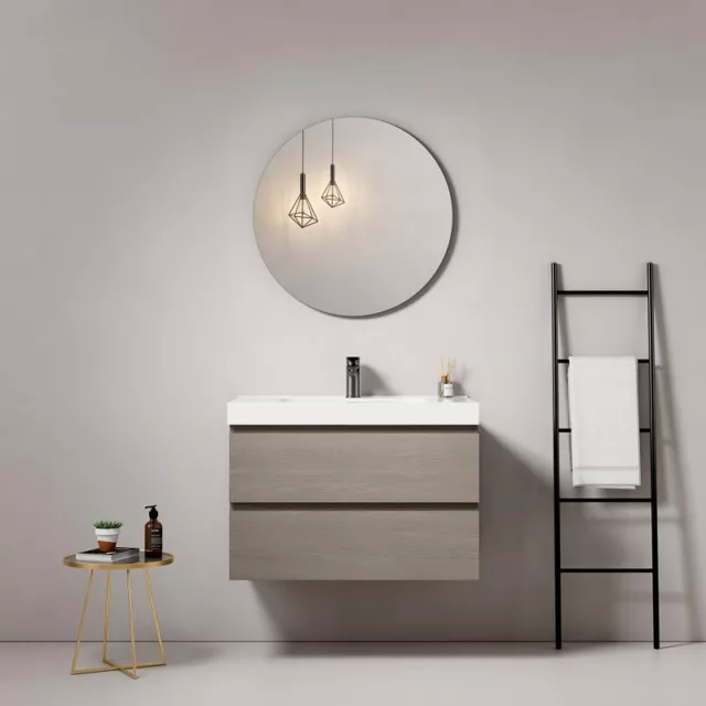 Mobile Bagno Sospeso 60 cm Wood Beige con Lavabo Centrale in Resina e Specchio T