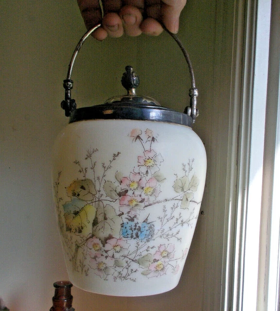 ANTIQUE 1890s MT.WASHINGTON SATIN GLASS BISCUIT CRACKER JAR PRETTY FLOWERS