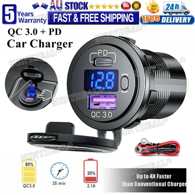 45W Fast Car Charger USB Type C PD 3.0 Voltage Display Cigarette Lighter Socket