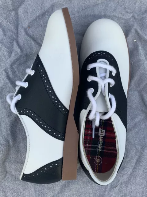 Smart Fit Girl’s Sz 4.5 Uniform Blk Wht Saddle Oxford Vegan Leather Lace Up Shoe