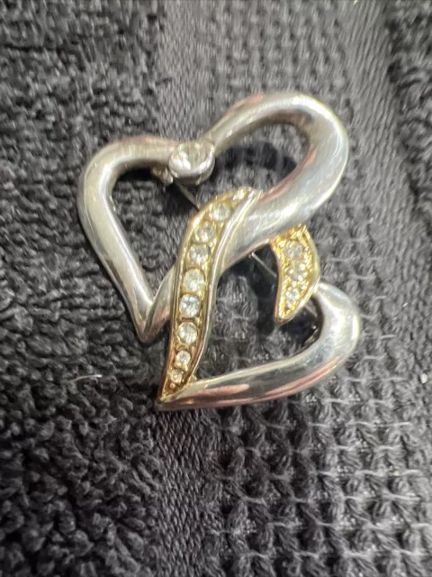 Vintage Gold Tone/ Silver Tone Rhinestone Double Heart Pin. Lot 390