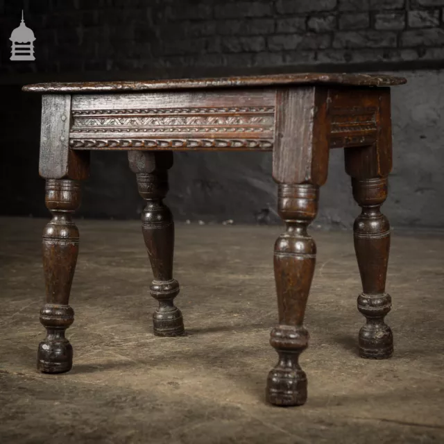 Small 17th C Carved Oak Stool with Turned Legs