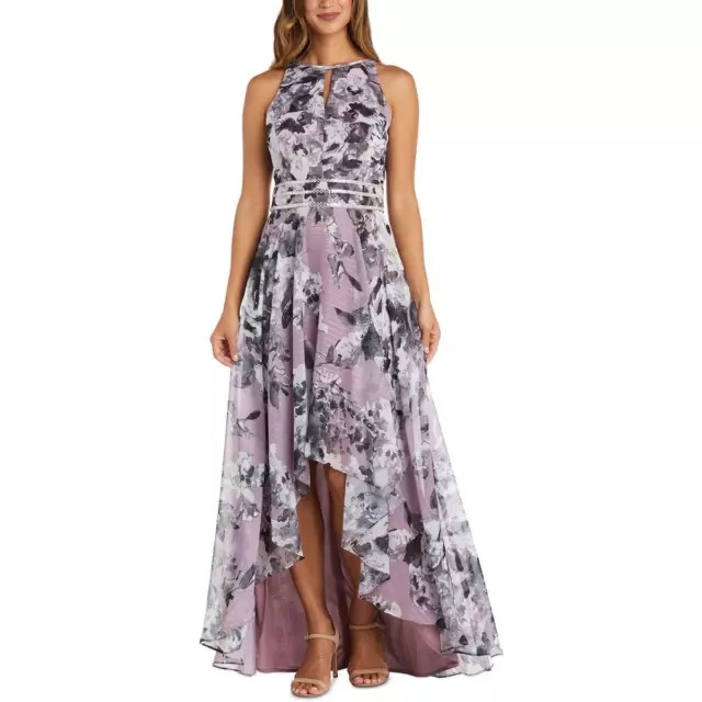 R&M Richards Womens Purple Chiffon Floral Halter Evening Dress Gown 16 BHFO 3846