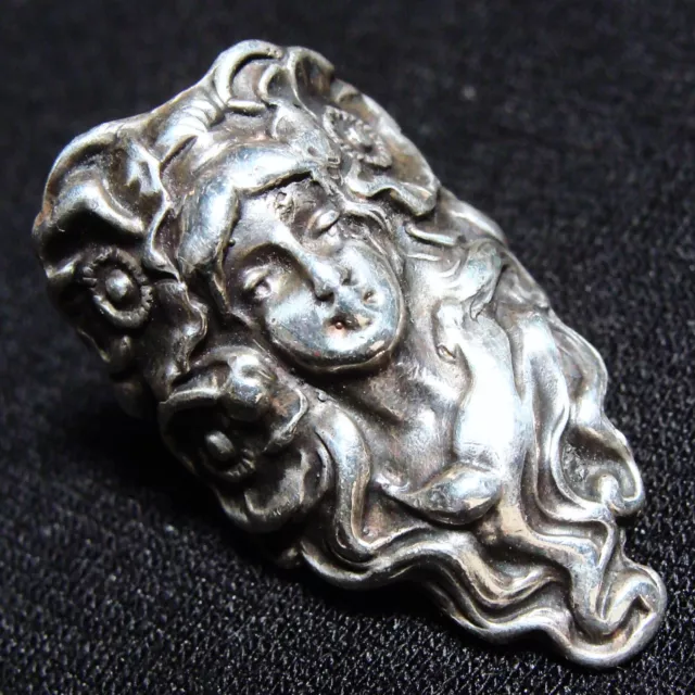 Vintage ART NOUVEAU Sterling Silver Ring WOMAN WITH FLOWING HAIR 8.7g Size 4.25