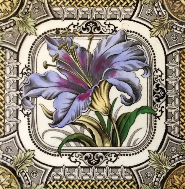 Antique c1880s Victorian Aesthetic IRIS FLOWER FLORAL Tinted 6”x 6” POTTERY Tile