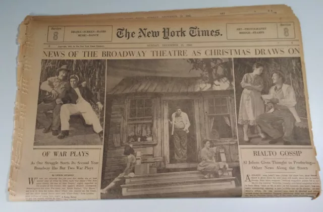 New York Times News Dec 13 1942 Original Sect 8 Sunday Ed WW2 Broadway Art Movie