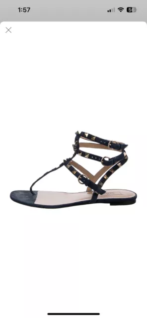 VALENTINO GARAVANI Rockstud Navy Suede Leather Flat Gladiator Strappy Sandal 2