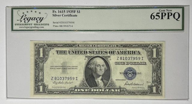 UNITED STATES 1935F $1 Silver Certificate. FR#: 1615. Legacy Graded: 65 PPQ. GEM