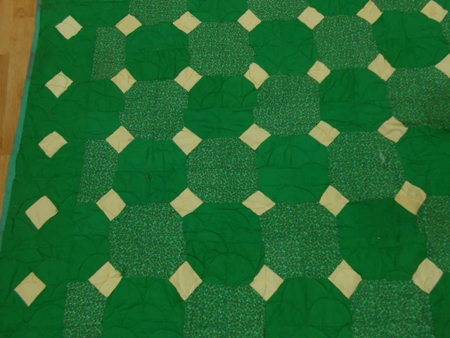 Vintage Antique Hand Stitched MAGICAL CIRCLE LOVERS KNOT Green Quilt 90x79