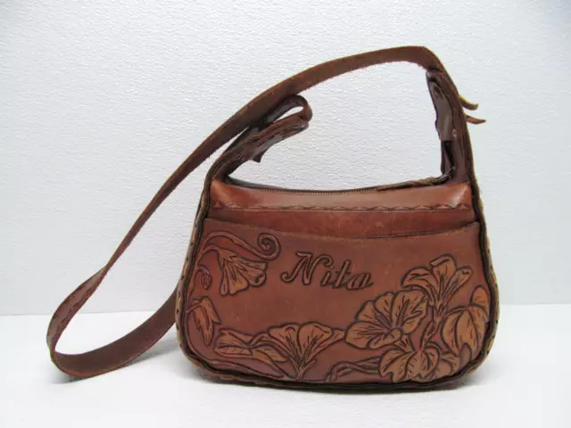 Vintage Tooled Leather Floral Tan Brown Shoulder Bag Purse Boho Handbag
