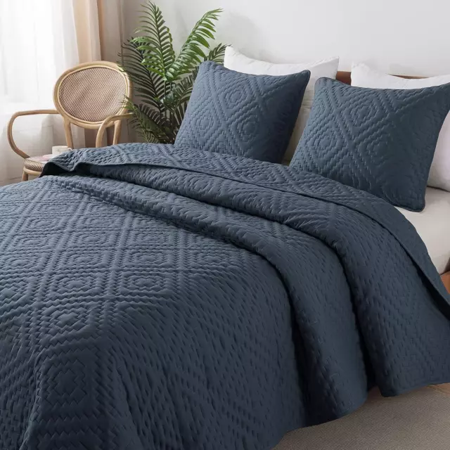 Navy Blue King Size Quilt Bedding Sets with Pillow Shams, Boho Lightweight Soft