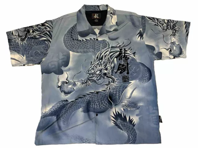 Impaq Sports Wear Dragon Shirt Mens 3XL Blue Casual Button Up Short Sleeve Y2K