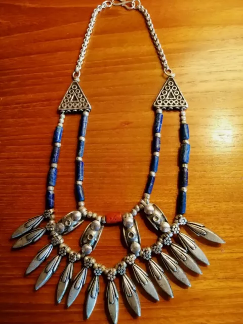 Artisan Made Solid Silver Lapis And Coral  Ethnic Crafted Necklace