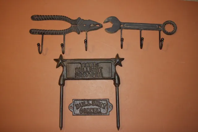 (4) Cast Iron Tools Wall Decor Rustic Home Husband Gift Set, Wrench, Pliers