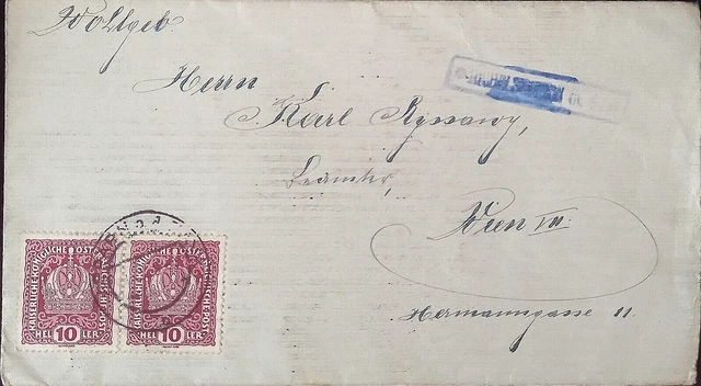 Austria 1918 Busta Spedita A Vienna Affrancata Con Coppia Timbri Stemma E...