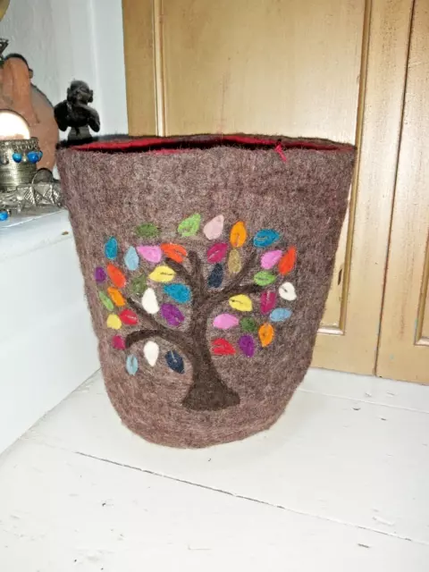 Felt Basket/Planter With Tree Of Life Decoration - Hand Crafted In Nepal