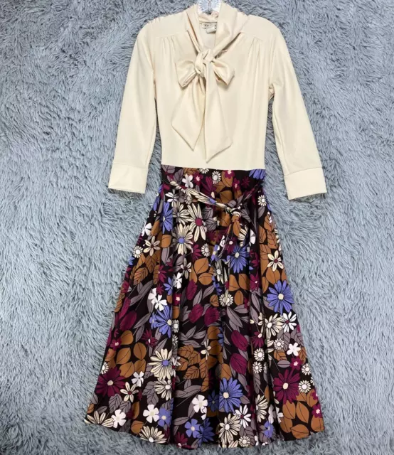 VINTAGE AVITAL A-LINE Dress Women's S Bow Floral Print Belted 70's ...