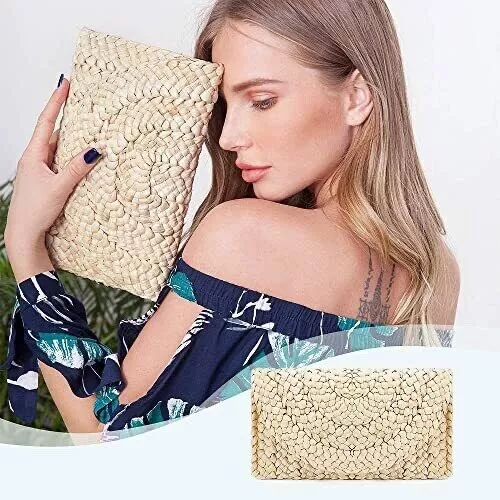 Raffia Straw Woven Wicker Clutch With Flap Bag Purse - Summer Beach- NEW!